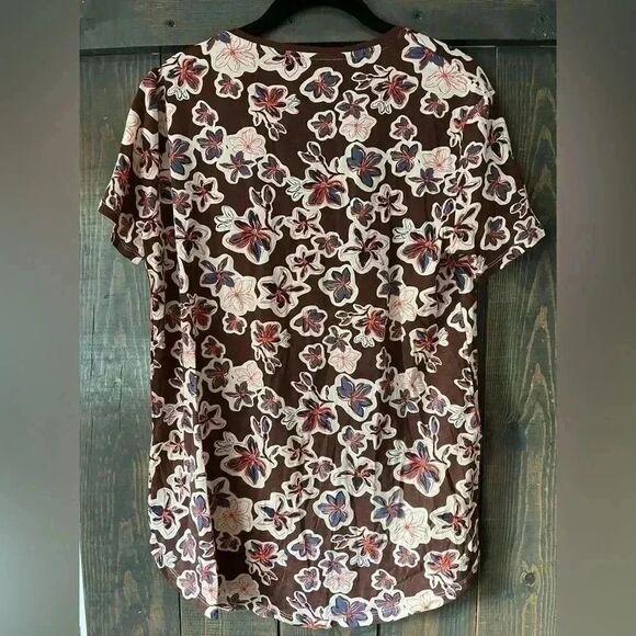 Vintage-Style Floral Print Short Sleeve T-Shirt Brown & Navy Casual Summer A35 - Picture 2 of 5